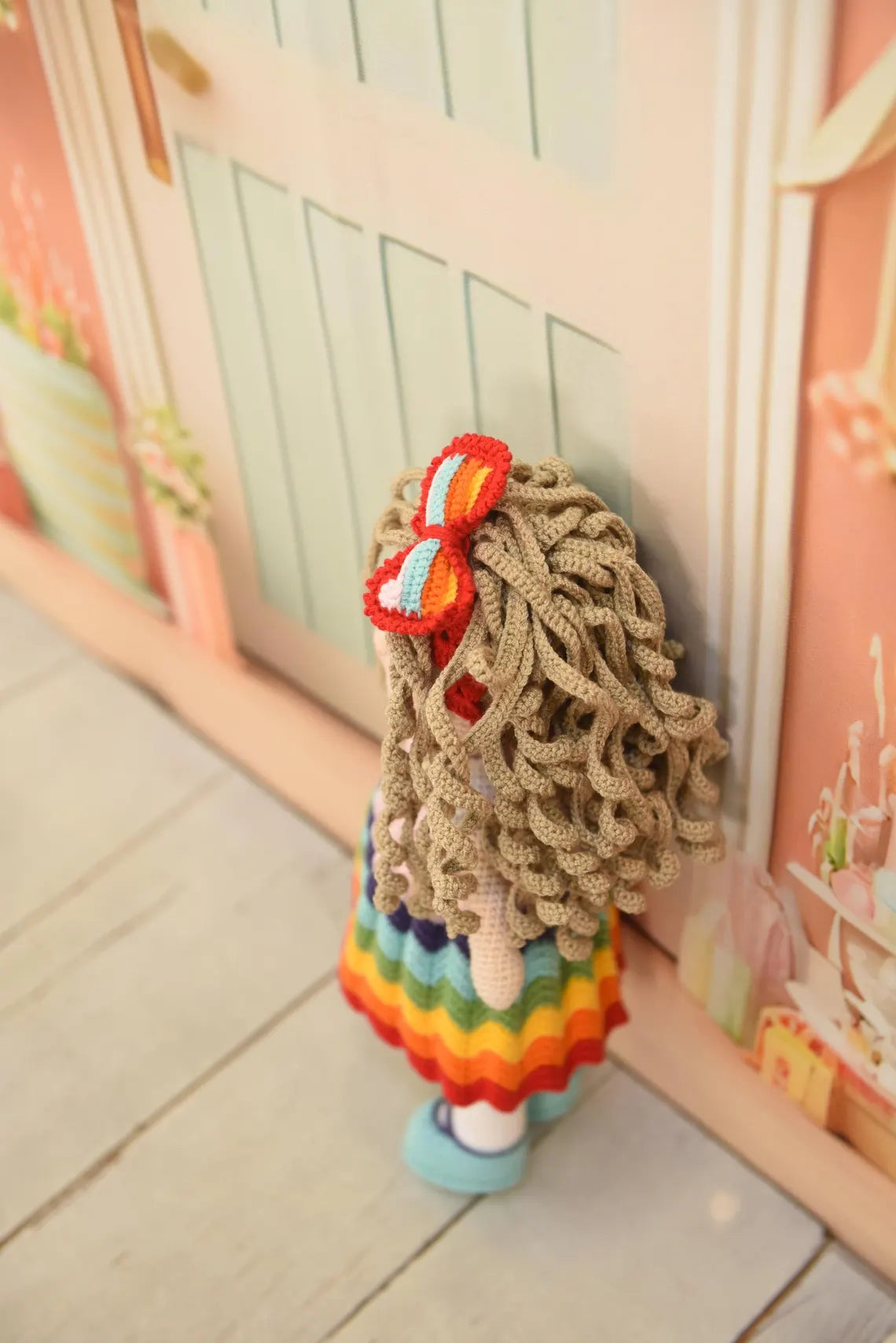Handmade Crochet Rainbow Dress Princess Doll with Bow