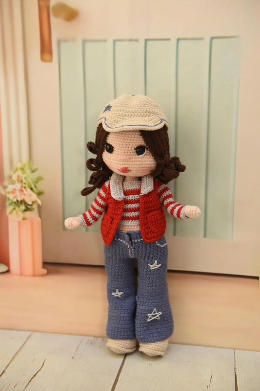 Handmade Crochet Princess Doll in Blue Jeans and Hat